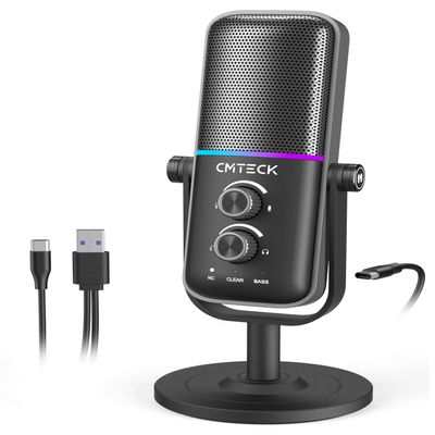 CMTECK USB Microphone for PC, PS4/PS5, Laptop  Computer Microphone with RGB Lighting, Mute Button, Mic Gain, Plug & Play, 3 Sound Modes for Streaming, Podcasting, Recording