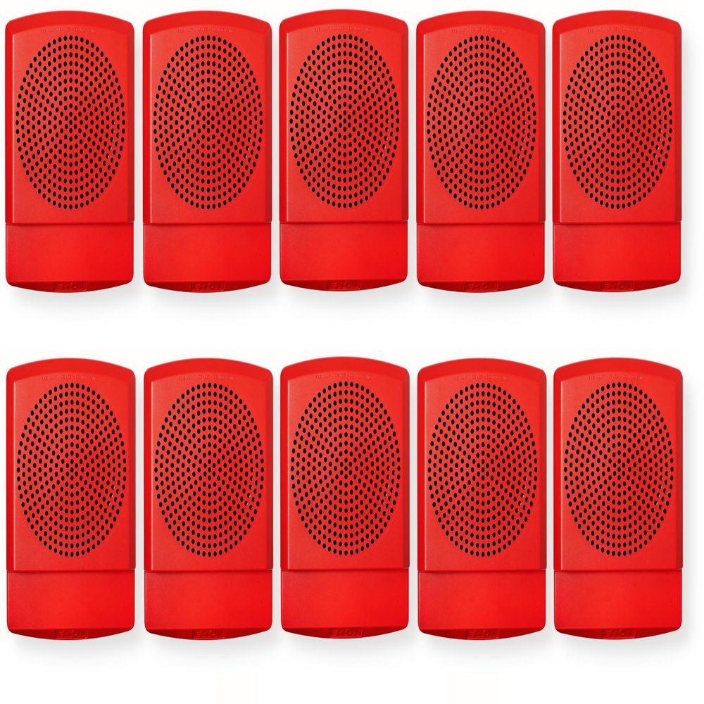 ELSPKR-N Pack of 10 High-Fidelity Speakers, Red; No Lettering; NO Lens; Wall Mounting; 1/8W Up to 2W (5W 70V), 25 or 70 VRMS Operation; Indoor; Low-Profile Design; Mounting Plate Included