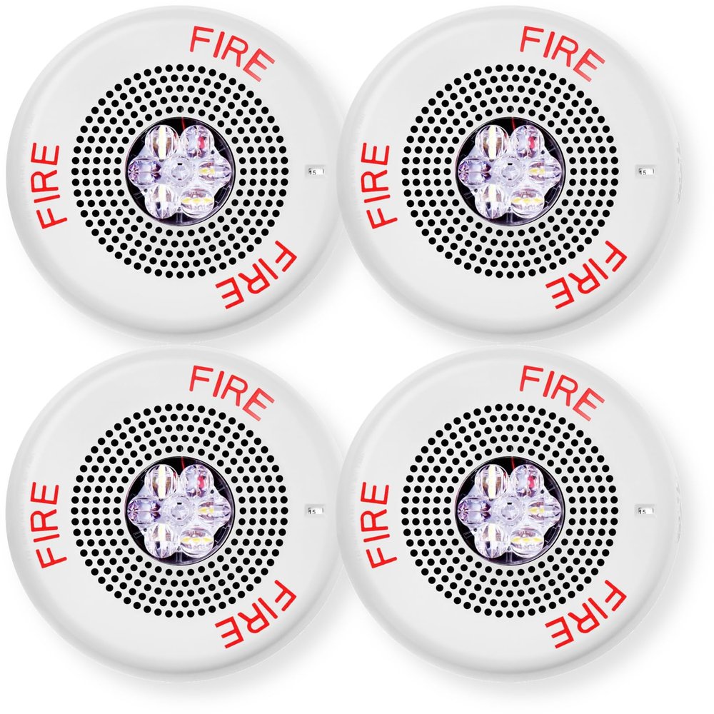 ELSPSTWC Pack of 4 High-Fidelity Speakers, White; FIRE Lettering; Clear Lens; LED; Ceiling Mounting; 1/8W Up to 2W (5W 70V), 25 or 70 VRMS Operation; Indoor; 15/30/75/110/150/177 cd