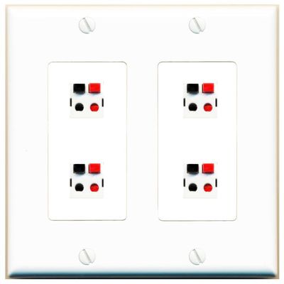 RiteAV 4 Port Speaker Wire Plug Jack Wall Plate - 2 Gang [White]