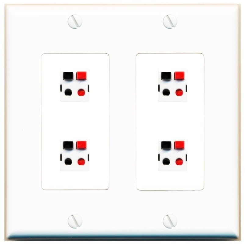 RiteAV 4 Port Speaker Wire Plug Jack Wall Plate - 2 Gang [White]