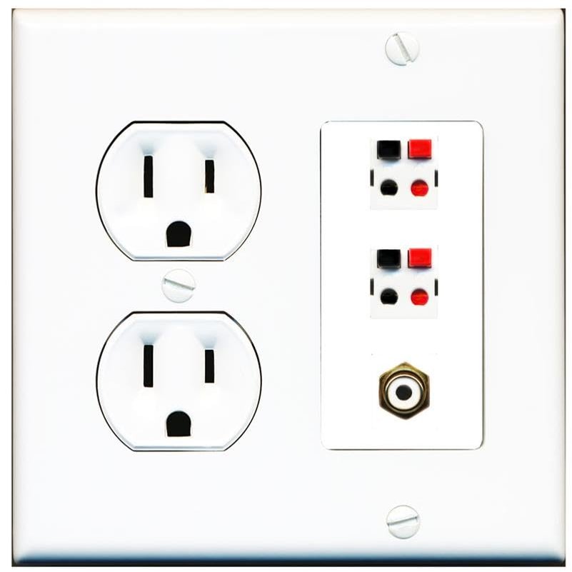 RiteAV 2 Port Speaker Wire Plug Jack Wall Plate with 1 RCA for Subwoofer - Round Outlet [White]