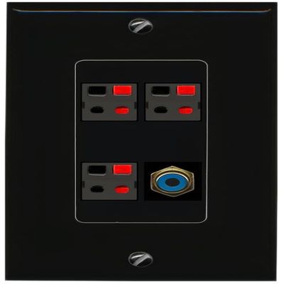 RiteAV 3 Port Speaker Wire Plug Jack Wall Plate with 1 RCA for Subwoofer - 1 Gang Decorative [Black/Black]