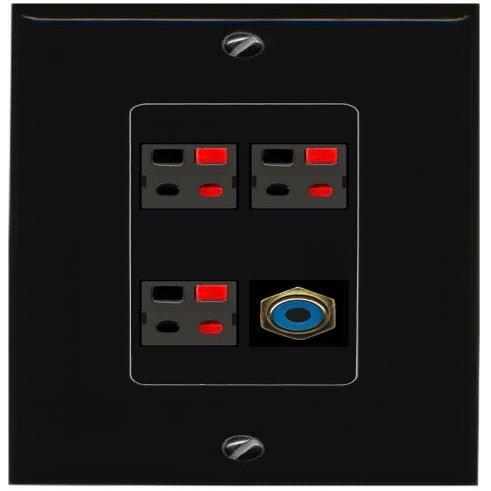 RiteAV 3 Port Speaker Wire Plug Jack Wall Plate with 1 RCA for Subwoofer - 1 Gang Decorative [Black/Black]