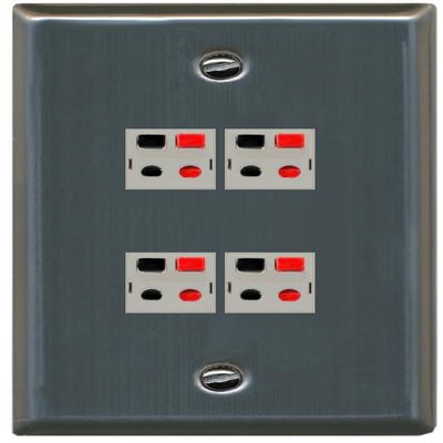 RiteAV 4 Port Speaker Wire Plug Jack Wall Plate - Flat Style [Stainless Steel]