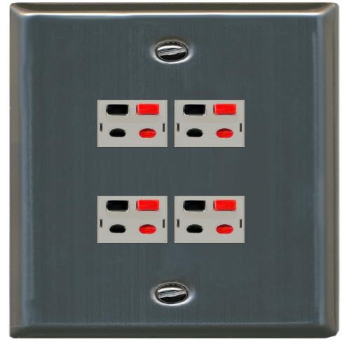 RiteAV 4 Port Speaker Wire Plug Jack Wall Plate - Flat Style [Stainless Steel]