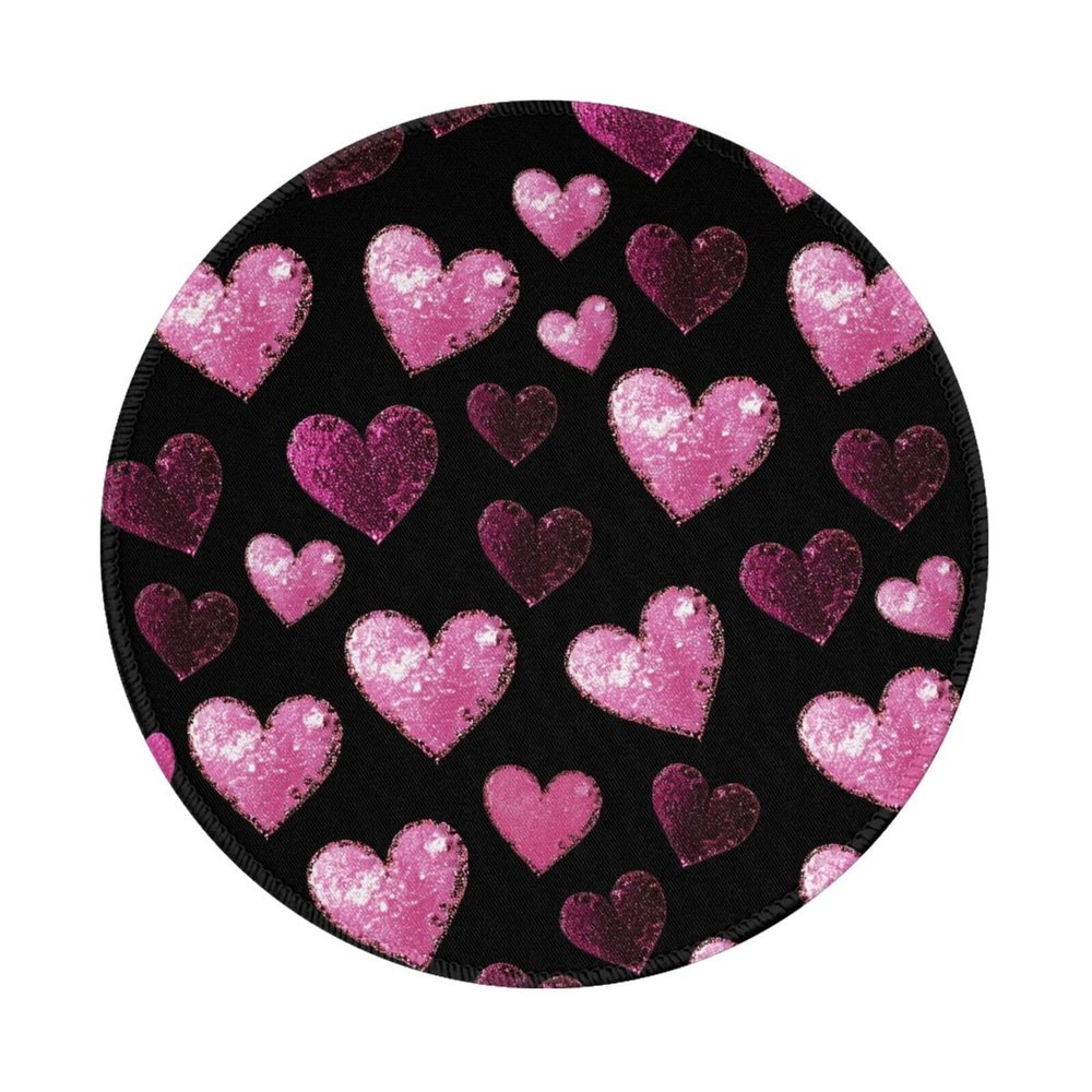 Round Mouse Pad, Shining Love Heart Pink Red Mouse Pads, Anti-Slip Rubber Base Mousepad for Laptop Home Office Desktop Accessories