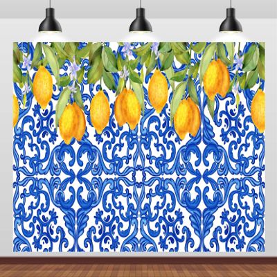BELECO 5x3ft Fabric Blue Tiles Lemon Backdrop Lemon Party Decorations Watercolor Lemon Fruit Birthday Background Summer Mediterranean Amalfi Coast Decorations Italian Party Banner Photo Props