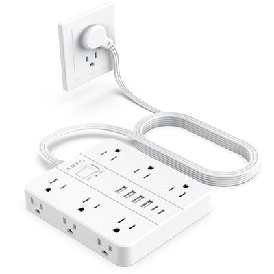 AOFO 10FT Surge Protector Power Strip,12 AC Outlets with 6 USB Ports (2 USB-C), Flat Plug Extension Cord with Multiple Outlets, Wall Mount for Home Office,Dorm,White