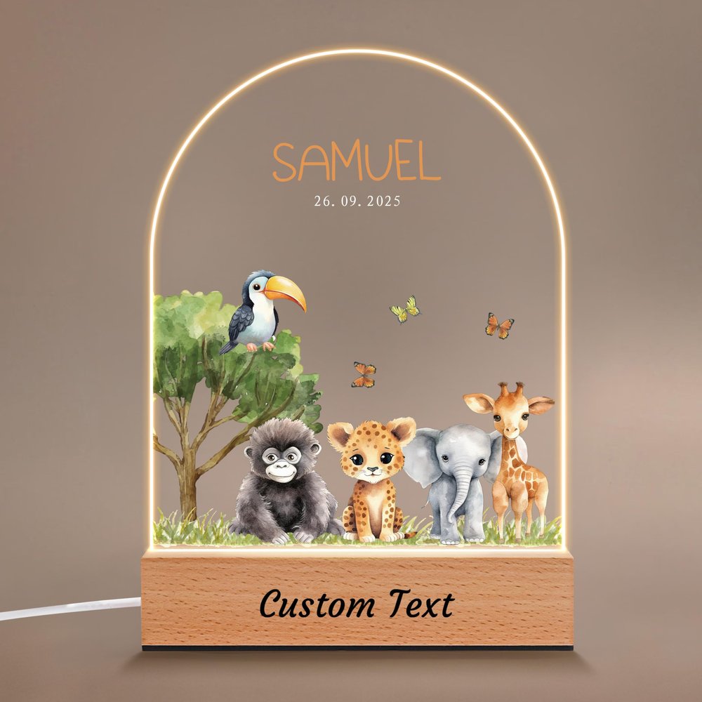 IOUMAM Personalized Baby Gifts for Kids, Custom Acrylic Plaque Name Night Light, Birthday Christmas Baby Shower Newborn Gifts for Boys Girls, Safari Jungle Animals Room Decor for Nursery