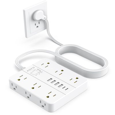 AOFO 15FT Surge Protector Power Strip,12 AC Outlets with 6 USB Ports (2 USB-C), Flat Plug Extension Cord with Multiple Outlets, Wall Mount for Home Office,Dorm, White