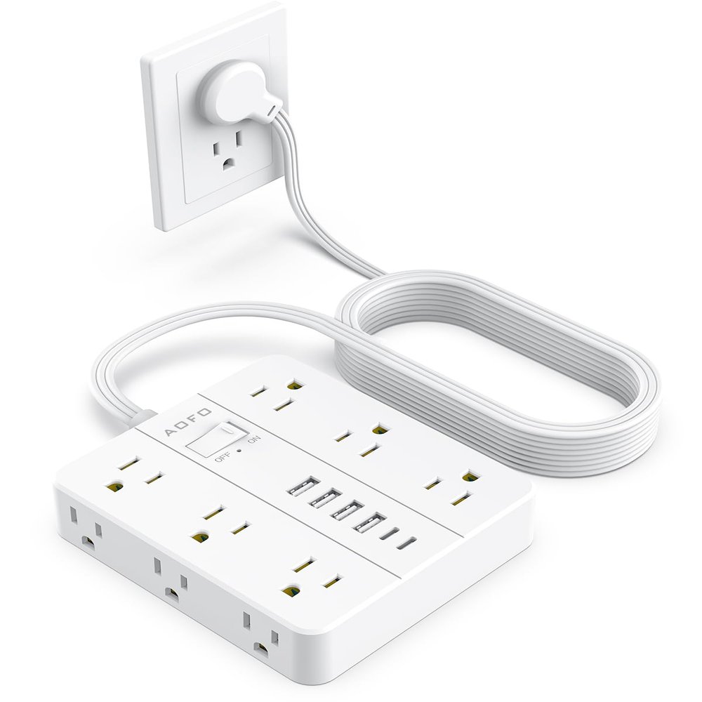 AOFO 15FT Surge Protector Power Strip,12 AC Outlets with 6 USB Ports (2 USB-C), Flat Plug Extension Cord with Multiple Outlets, Wall Mount for Home Office,Dorm, White