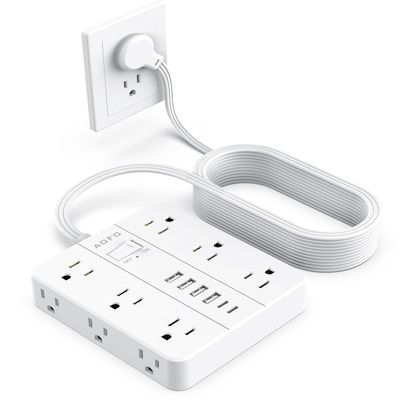 AOFO 20FT Surge Protector Power Strip,12 AC Outlets with 6 USB Ports (2 USB-C), Flat Plug Extension Cord with Multiple Outlets, Wall Mount for Home Office,Dorm, White