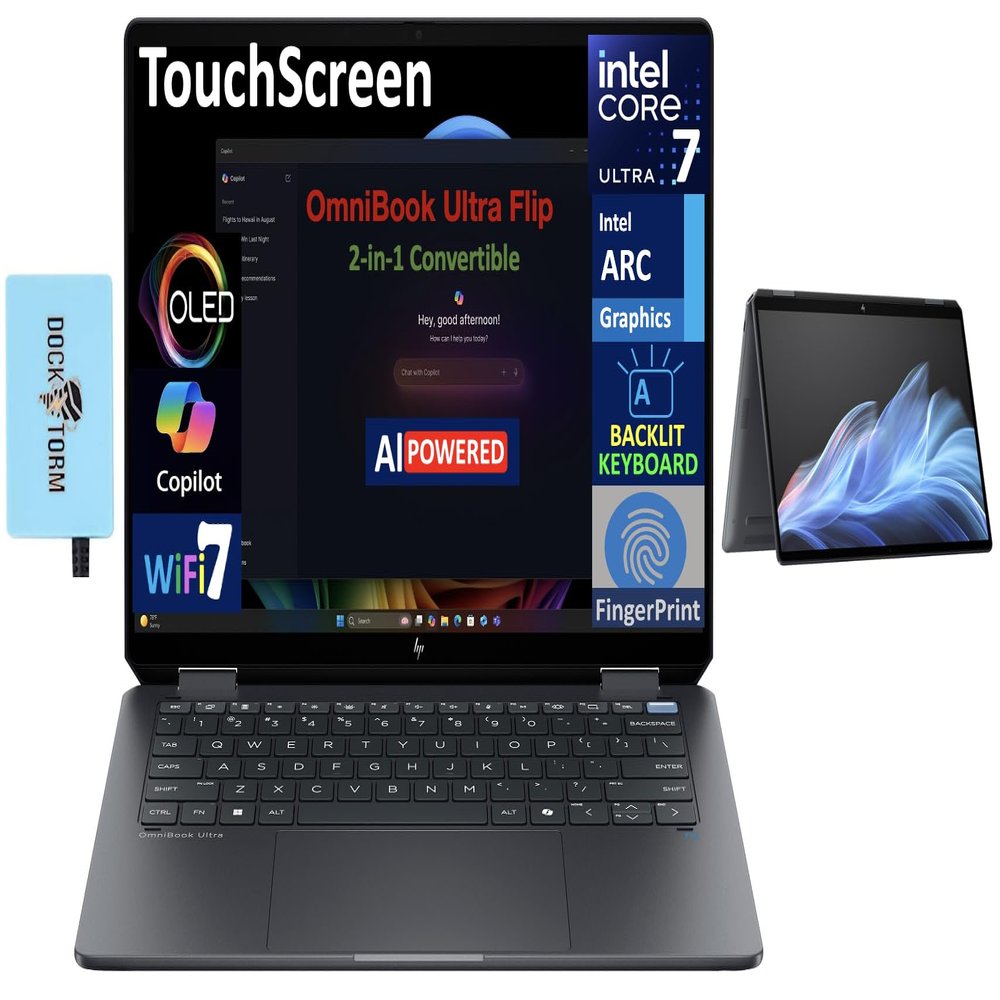 HP OmniBook Ultra Flip (Next Gen Spectre X360) 2-in-1 Laptop 14.0" Touchscreen OLED 2.8K Display (Intel Ultra 7-256V, 16GB LPDDR5X, 1TB SSD, Backlit KB, Fingerprint, Win 11 Home) with DKZ Hub