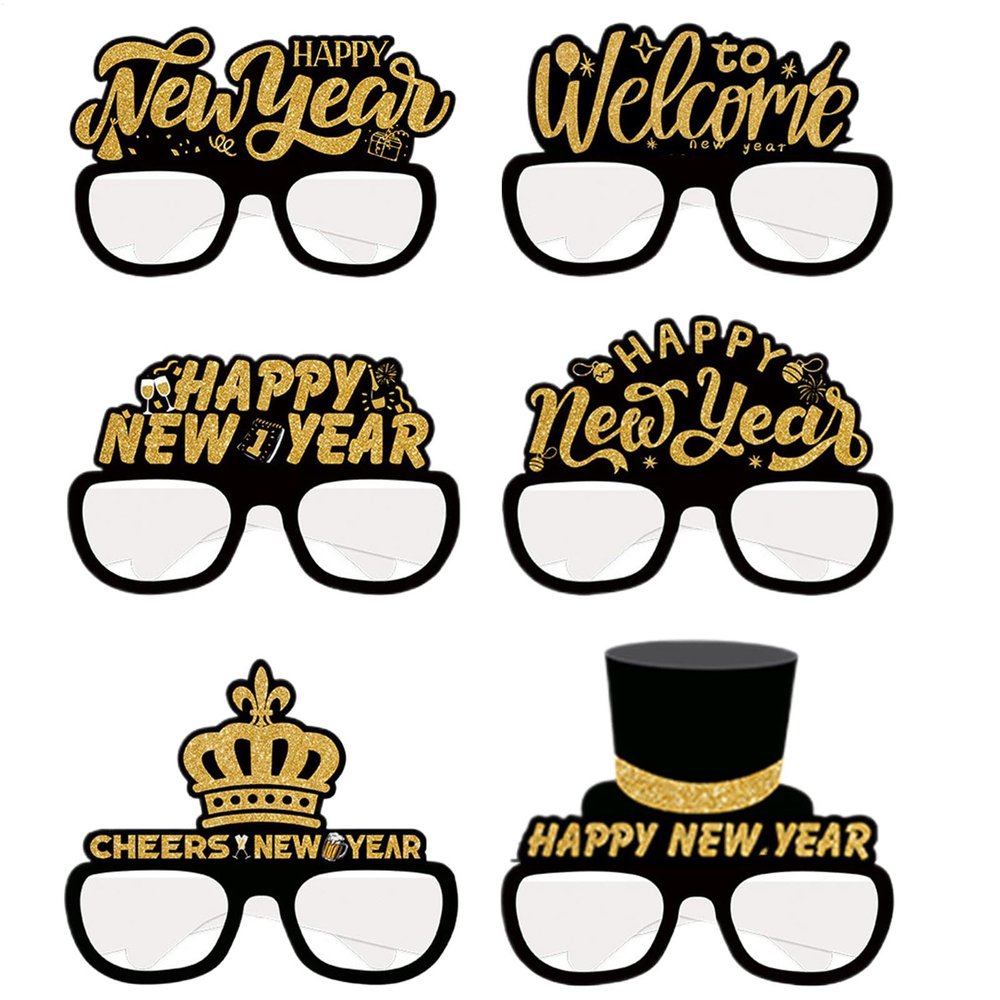 Happy New Year Glasses - New Year Eve Paper Glasses, New Year Celebration Glasses | Funny Glasses 2025 Glasses, 6x Pack Decorative Eyewear Holiday Glasses, New Years Glasses Photo Props For New Year