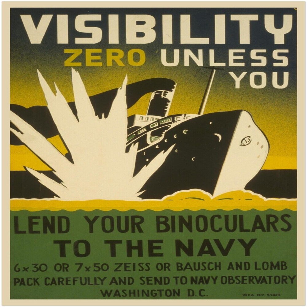 Lend Your Binoculars - Navy - World War 2 Poster - WW2 Vintage Poster-11 x 17 Inches (Black - Framed)
