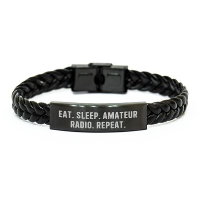 Eat. Sleep. Amateur Radio. Repeat. Valentine's Unique Gifts from Men to Amateur Radio Enthusiasts, Interlaced Leather Bracelet for Radio Operators, Durable Stainless Steel and PU Leather Combination