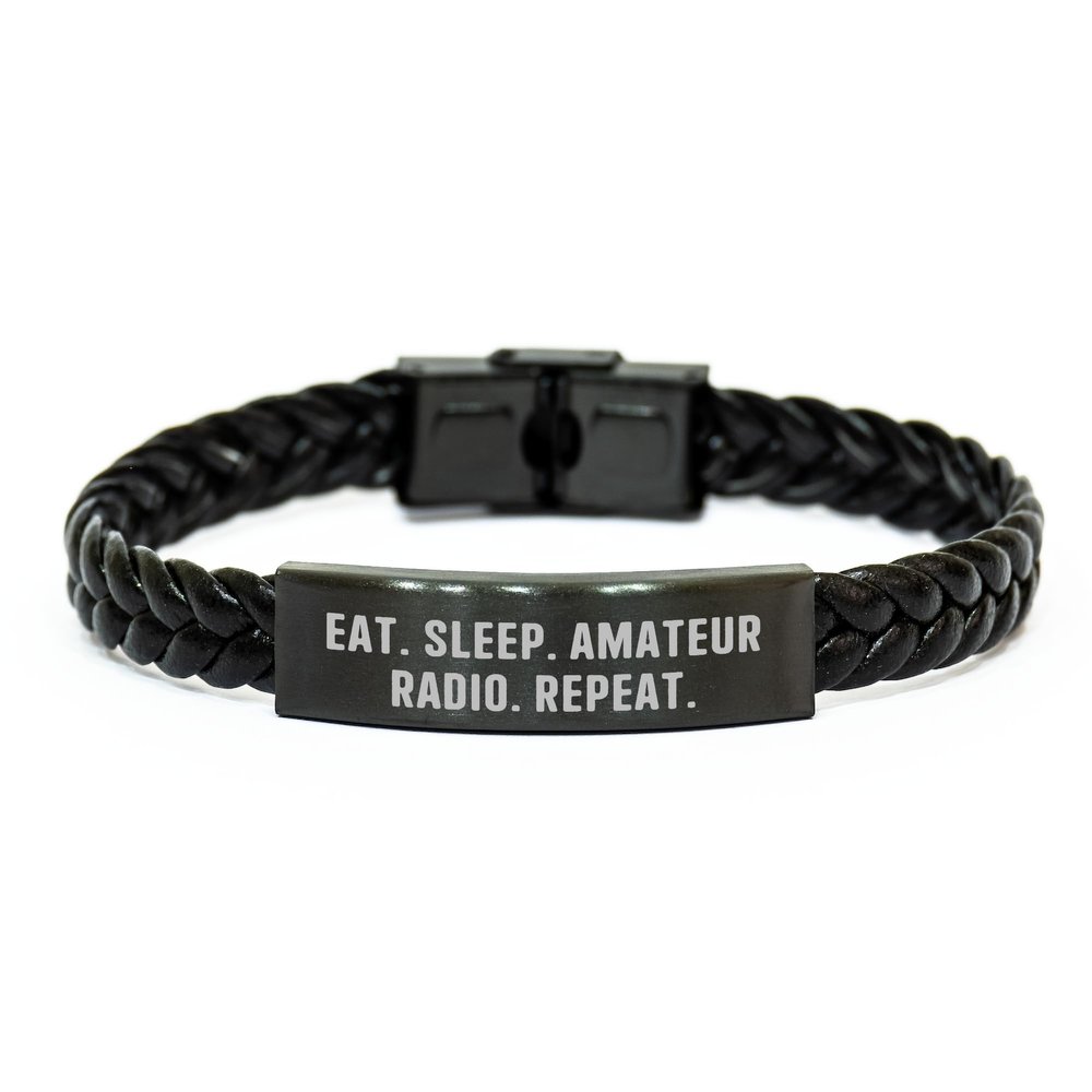 Eat. Sleep. Amateur Radio. Repeat. Valentine's Unique Gifts from Men to Amateur Radio Enthusiasts, Interlaced Leather Bracelet for Radio Operators, Durable Stainless Steel and PU Leather Combination