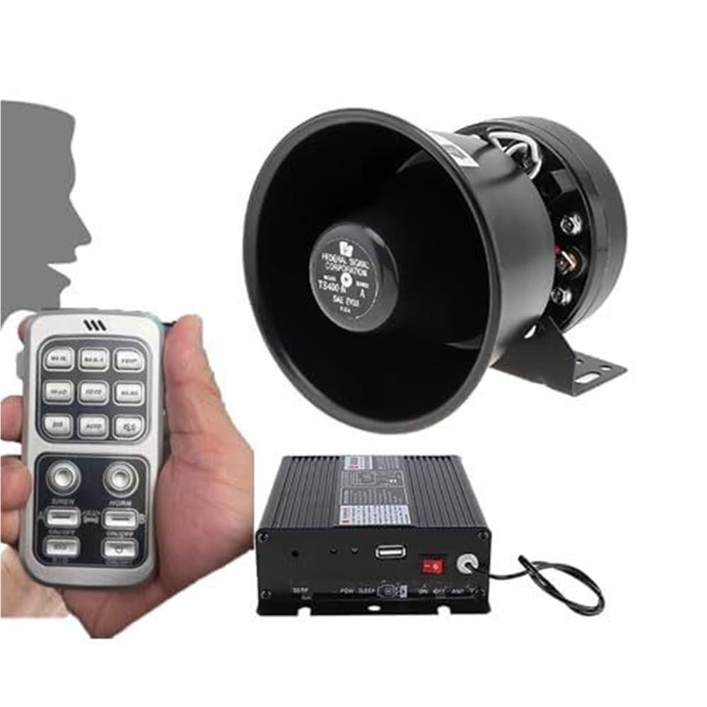 Car Megaphone, 200W 18-Tone Host Speaker Car Alarm Set,W/Microphone Function,Can Connect Flash Light,for Rescue and Ambulance,Engineering Operations