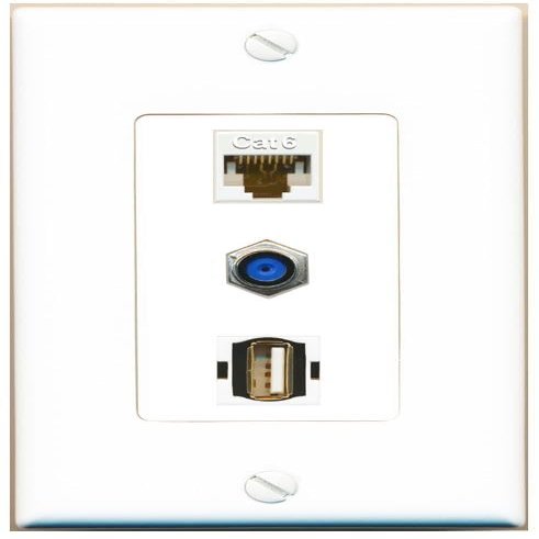 RiteAV 1 Port CAT6 F81 USB2 Jack Coupler Female-Female Wall Plate [White]