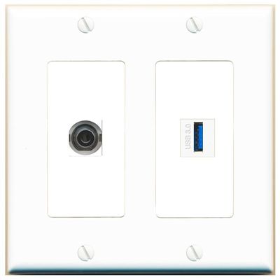 RiteAV 2 Gang 1 Port 3.5mm USB-3 Jack Coupler Female-Female Wall Plate [White]