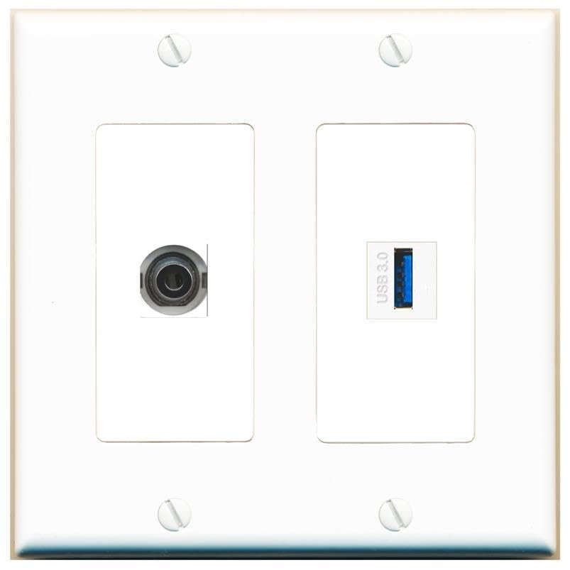 RiteAV 2 Gang 1 Port 3.5mm USB-3 Jack Coupler Female-Female Wall Plate [White]