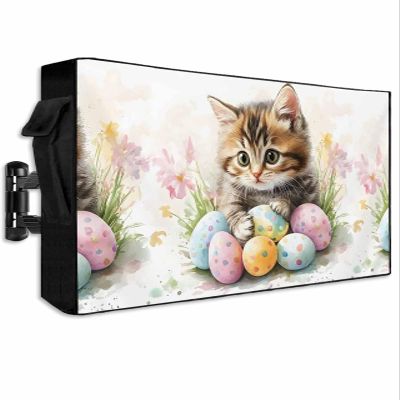 DOME-SPACE Watercolor Cat Easter Egg Outdoor TV Cover for Outside Flat Screen Televisions,Cartoon Animal Spring Garden Weatherproof TV Screen Protector with Zipper for 60 to 65 Inch Screens