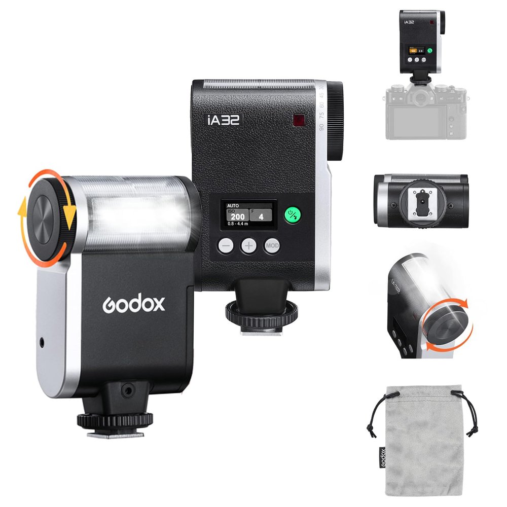 GODOX iA32 Mini Camera Flash, Mini Godox Flash with 8 Levels Power Output, Auto/Manual Flash, 490 Full Power Flashes, S1/S2 Optical Control, Single Contact Hotshoe, for Canon Sony Nikon Fuji Olympus