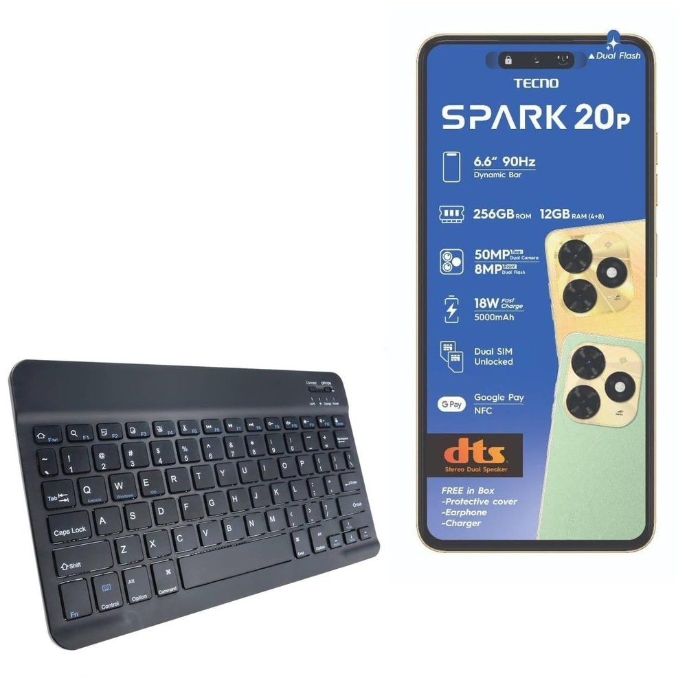 BoxWave Keyboard Compatible with Tecno Spark 20P - SlimKeys Bluetooth Keyboard, Portable Thin with Chiclet-Style Keys - Jet Black