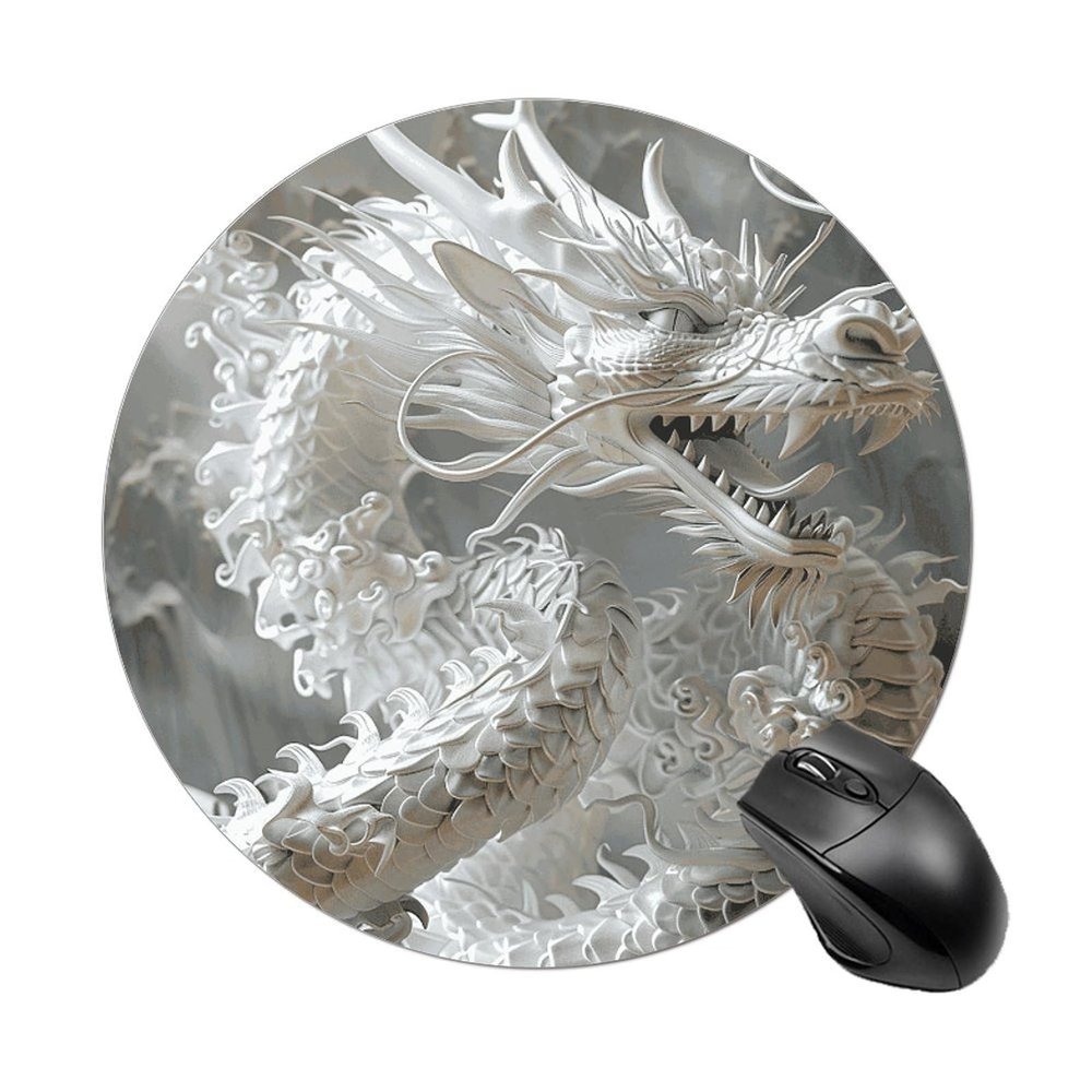 Mouses Pad Computer Mouses Mat Round Cute Mouses Pad with Design Non-Slip Desk Pad Laptop Desk White Dragon Style Mat for Office Home Gaming Working