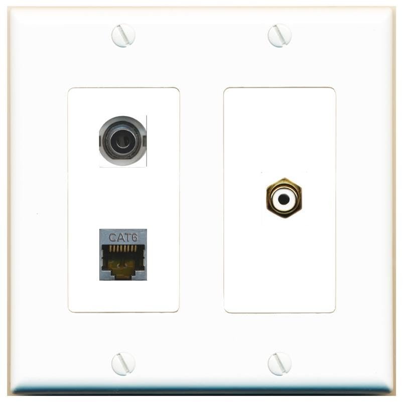 RiteAV 2 Gang 1 Port 3.5mm CAT6-SHIELDED RCA-White Jack Coupler Female-Female Wall Plate [White]