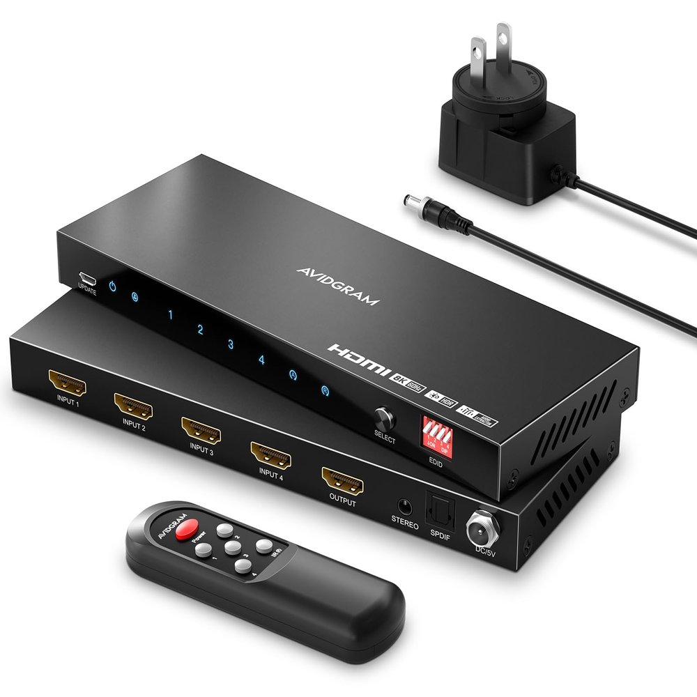 AVIDGRAM HDMI 2.1 Switch 4-Port with Audio Extractor, Supports 8K 60Hz, 4K 120Hz, HDR10, VRR, EDID Modes, Remote Control, Compatible with PS5, Xbox Series X, TV, Monitor, Projector