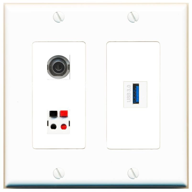RiteAV 2 Gang 1 Port 3.5mm Speaker USB-3 Jack Coupler Female-Female Wall Plate [White]