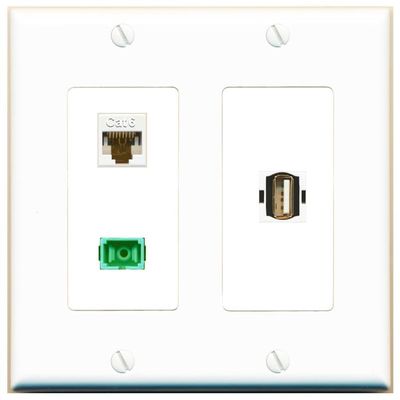RiteAV 2 Gang 1 Port CAT6 SC-APC-SX USB2 Jack Coupler Female-Female Wall Plate [White]