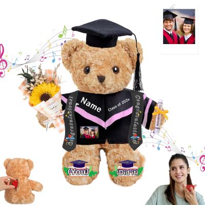GOUFEISUN Personalized Graduation Bear with Photo Text, Graduation Teddy Bear Class of 2025 as Graduation Decorations for Him Her 2025 High School Kindergarten Graduation Gifts 2025 (12 inch)