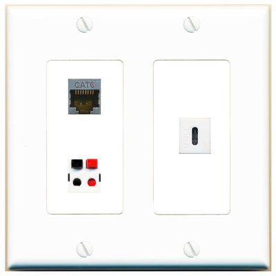 RiteAV 2 Gang 1 Port CAT6-SHIELDED Speaker USBC Jack Coupler Female-Female Wall Plate [White]