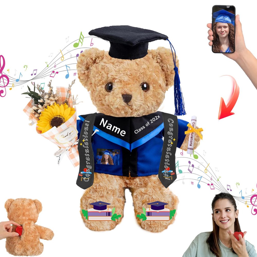 GOUFEISUN Personalized Graduation Bear with Photo Text, Graduation Teddy Bear Class of 2025 as Graduation Decorations for Him Her 2025 High School Kindergarten Graduation Gifts 2025 (12 inch)