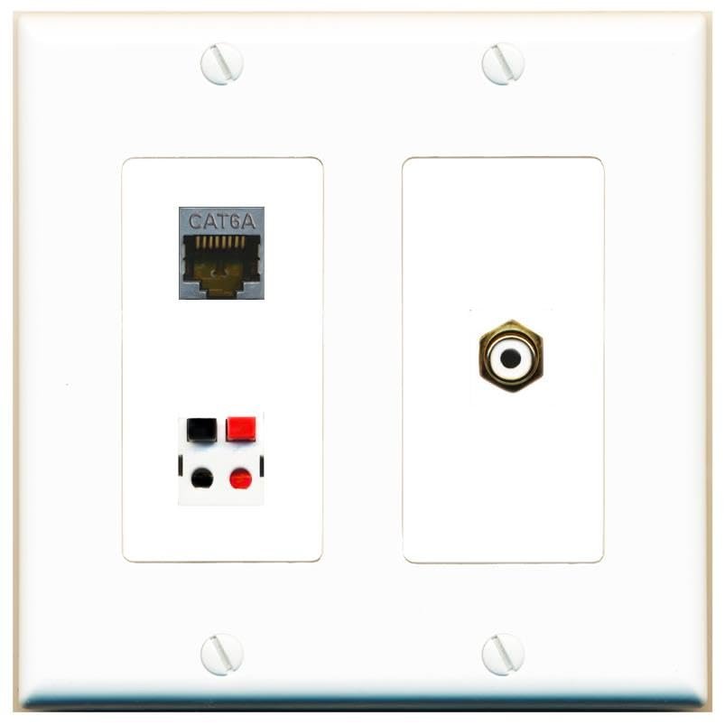 RiteAV 2 Gang 1 Port CAT6A RCA-White Speaker Jack Coupler Female-Female Wall Plate [White]