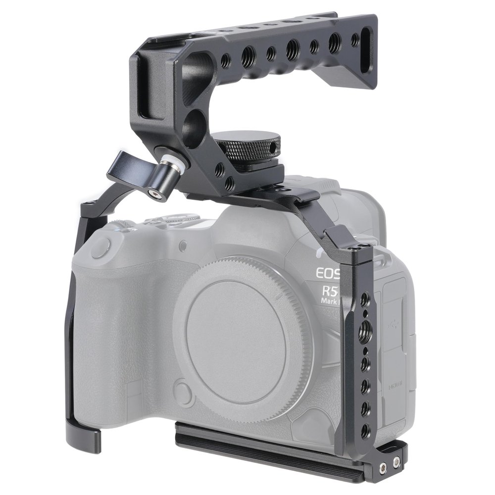 FocusFoto Camera Cage with Top Handle Grip Kit for Canon EOS R5 Mark II Mirrorless Vlogging Camera, Aluminium Video Stabilizer Rig with NATO Rail, Cold Shoe, 1/4"Screw Mount, 3/8"-16 Locating for Arri