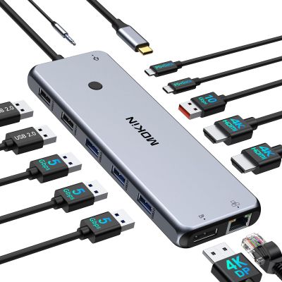 USB C Docking Station Laptop Hub Dual Monitor Multiport Adapter Dock Dongle,USB C to 2 HDMI,DisplayPort,PD Charging,Ethernet,7 USB A/C 3.1/3.0/2.0 Ports,Audio