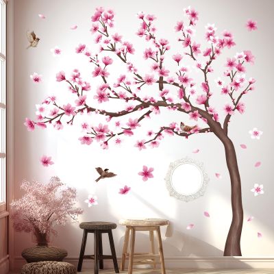 DECOWALL Cherry Blossom Tree Wall Stickers Decals Kids Room Bedroom Living Flower Branch Dcor Pink tv Birds Art Background Peel and Stick (SG4-2431)
