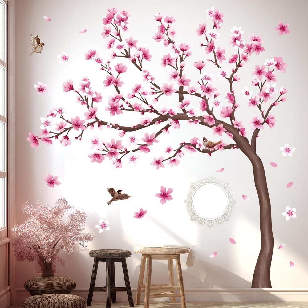 DECOWALL Cherry Blossom Tree Wall Stickers Decals Kids Room Bedroom Living Flower Branch Dcor Pink tv Birds Art Background Peel and Stick (SG4-2431)