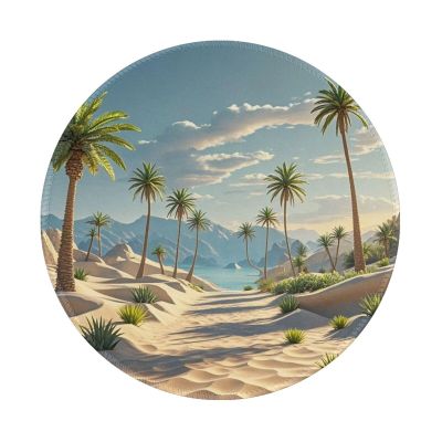 Desert Oasis Print Non-Slip Rubber Mouse Pad,8-Inch Round Shape, Stitched Edge Design,Cute Small Mouse pad