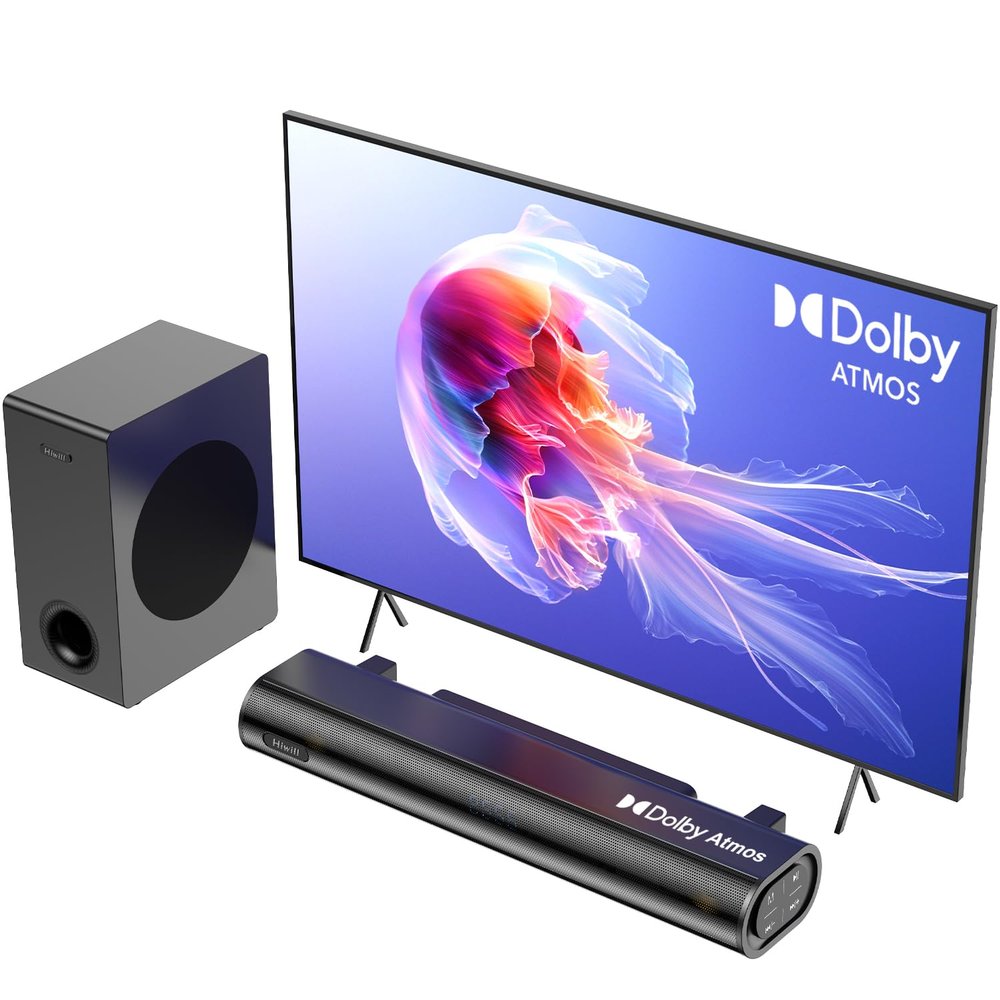 Hiwill 2.1ch Sound Bar for Smart tv, 250W Dolby Atmos Surround Sound System for TV, Sound bar with subwoofers, Home Theater Soundbar for TV, Adjustable Mode, Clear Dialogue, HDMI/eARC/ARC/Opt/BT/AUX