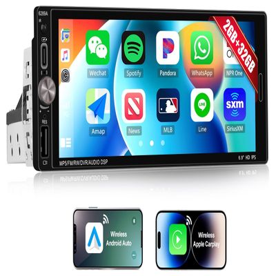 2G+32G Single Din Car Stereo with Wireless Apple Carplay Android Auto, Android 13 Head Unit, 6.9 Inch Touch Screen Car Radio with GPS Navigation WiFi FM Bluetooth 5.0 Type-C USB 16EQ