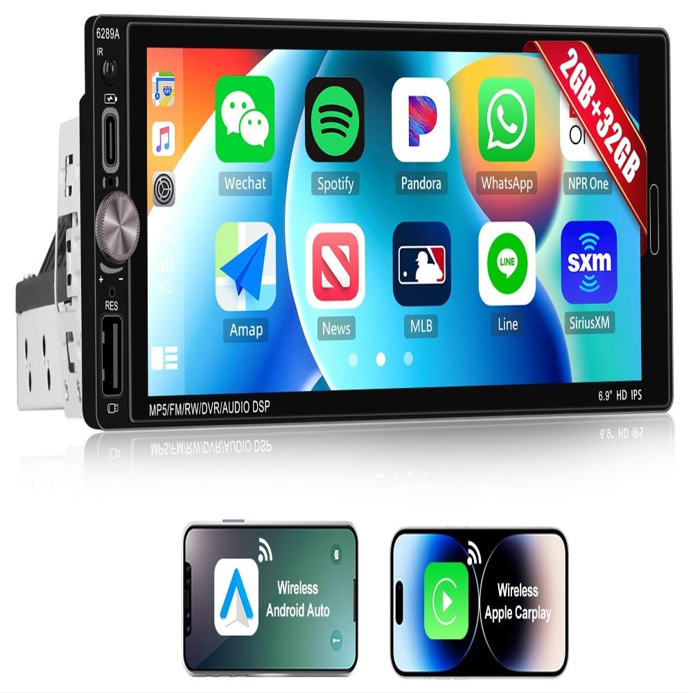 2G+32G Single Din Car Stereo with Wireless Apple Carplay Android Auto, Android 13 Head Unit, 6.9 Inch Touch Screen Car Radio with GPS Navigation WiFi FM Bluetooth 5.0 Type-C USB 16EQ