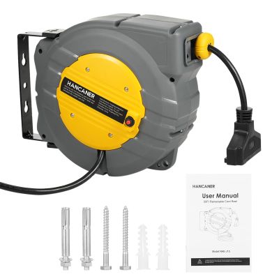 KKnoon Retractable Extension Cord Reel, 50+4.5FT Electrical Power Cord Reel, 12AWG 15.6A, 3C SJT With Grounded Triple Tap OutletUS Voltage 120V), Wall/Ceiling Mount (180Swivel), Adjustable Stopper