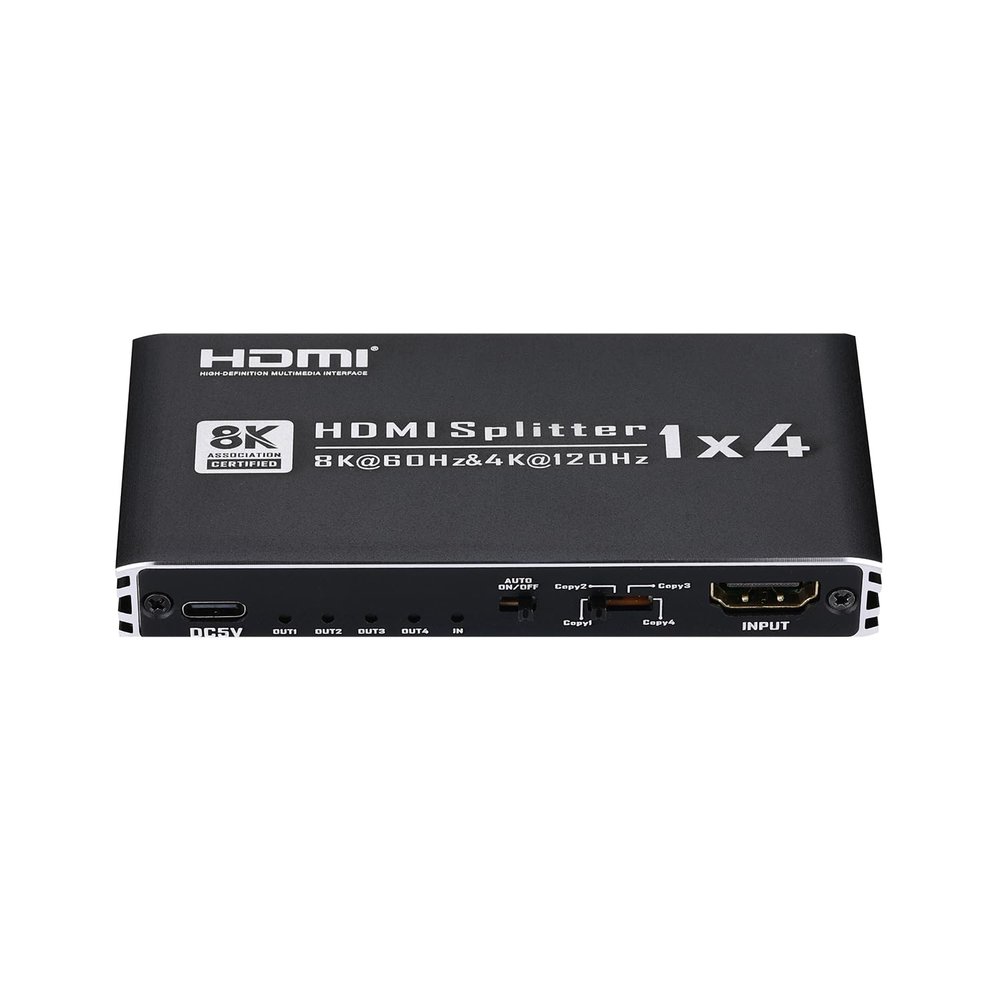 8K@60Hz HDMI Splitter 1 in 4 Out, HDMI 2.1 Splitter 1x4 Support 4K@120Hz, 1080P@240Hz VRR HDCP2.3 HDR HDR10 48Gbps EDID Dolby Atmos 7.1ch, Only Duplicate/Mirror Screens Not Extend (Black)