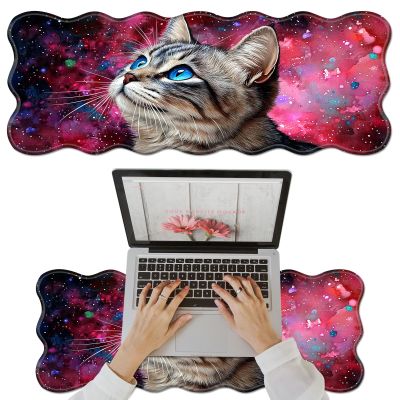 Large Wavy Shape Mouse Pad  Non-Slip Extended Gaming & Office Desk Mat, 31.5 x 11.8 in, Durable Waterproof Keyboard & Mouse Mat for Laptop, Desktop & Multi-Monitor Setup,Cute Cat with Blue Eyes