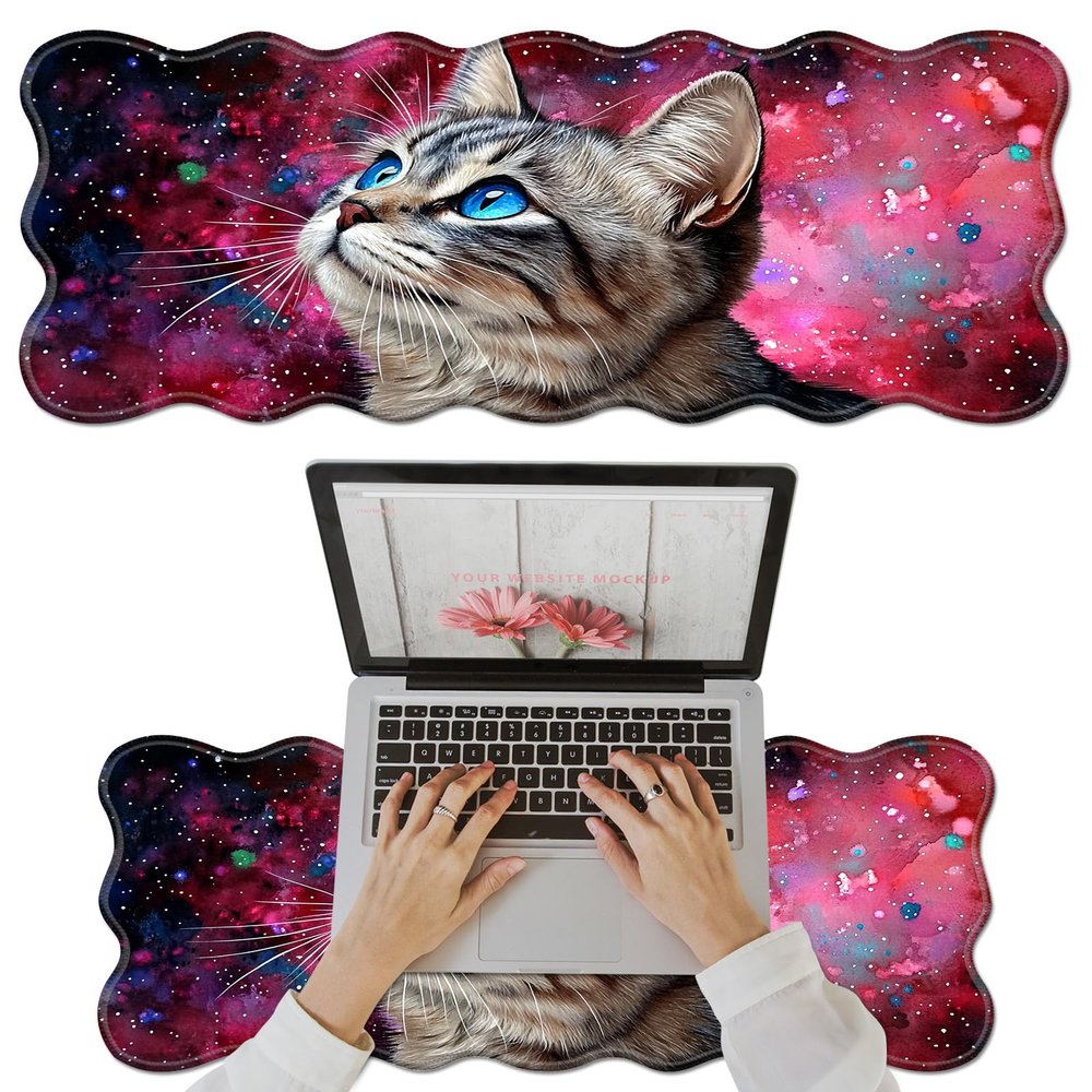 Large Wavy Shape Mouse Pad  Non-Slip Extended Gaming & Office Desk Mat, 31.5 x 11.8 in, Durable Waterproof Keyboard & Mouse Mat for Laptop, Desktop & Multi-Monitor Setup,Cute Cat with Blue Eyes